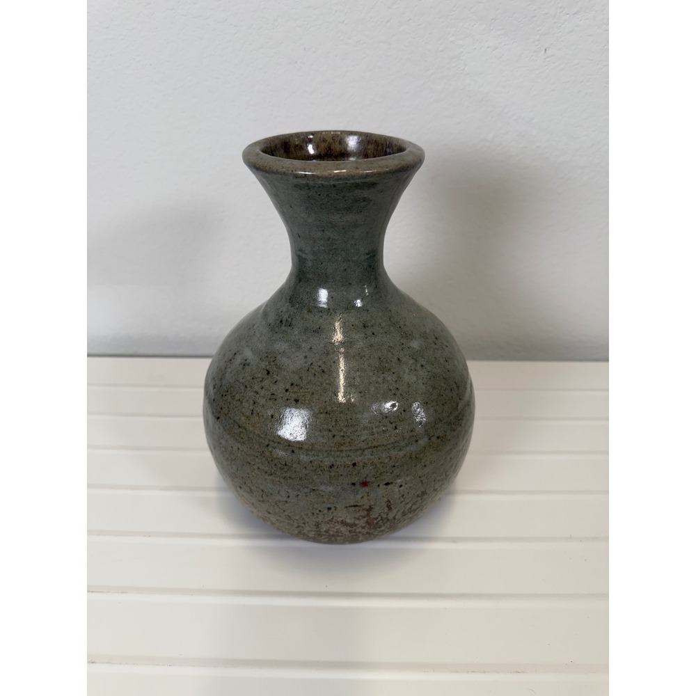 Studio Pottery Vase Speckled Gray Brown Glaze Handcrafted Round Bud Vase 7.5"